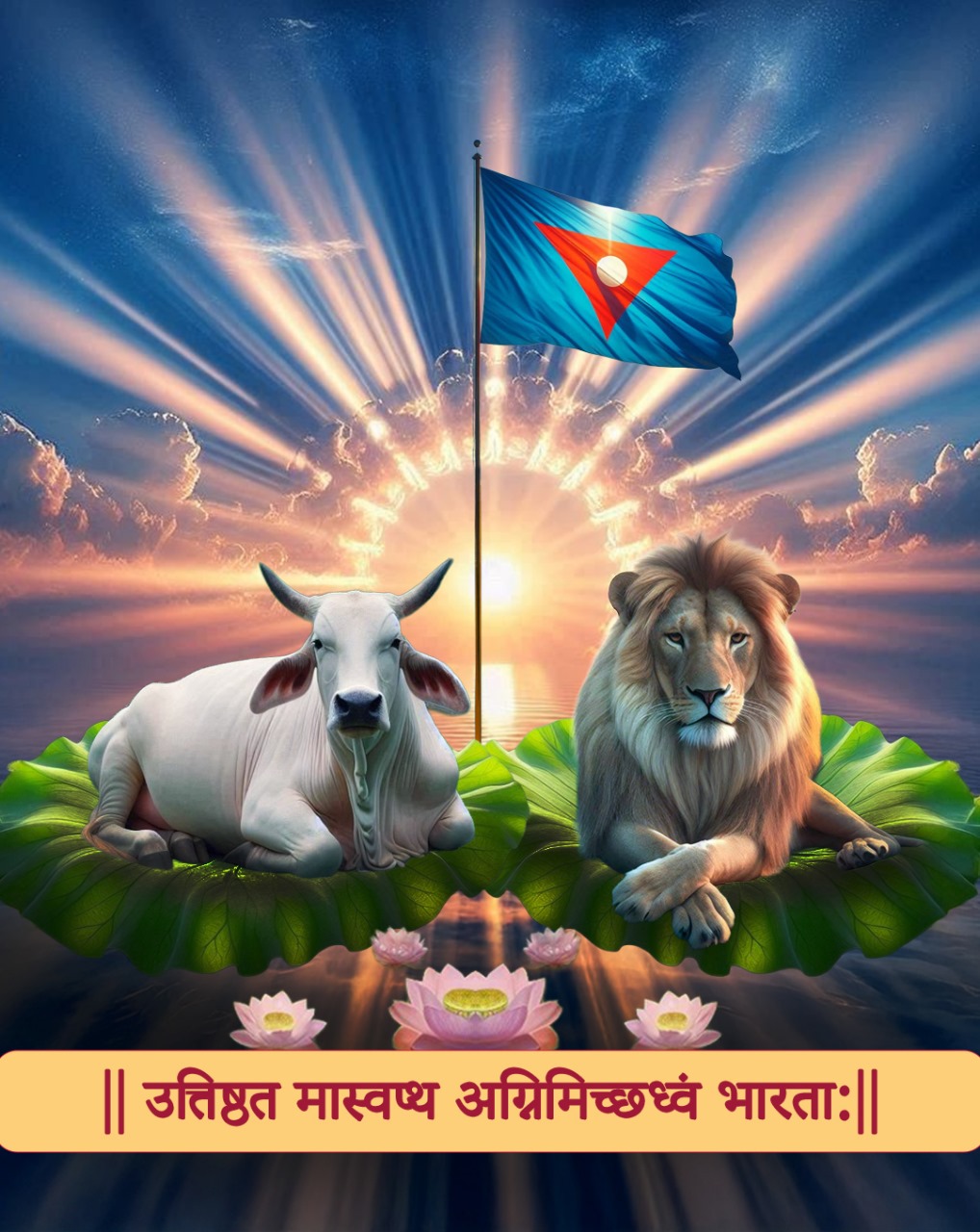 Sri Devinatha Mission emblem depicting the rising sun, sacred flag, cow, lion and lotuses